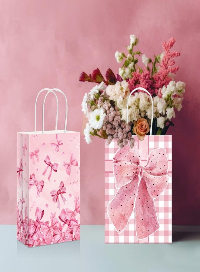 MotiMind 24 Pcs Christmas Pink Bow Paper Gift Bags with Tissue Papers Women Coquette Birthday Party Favor Bag with Handles Goodie Candy Sack for Bachelorette Bridal Shower Wedding(White Pink) - Image 4